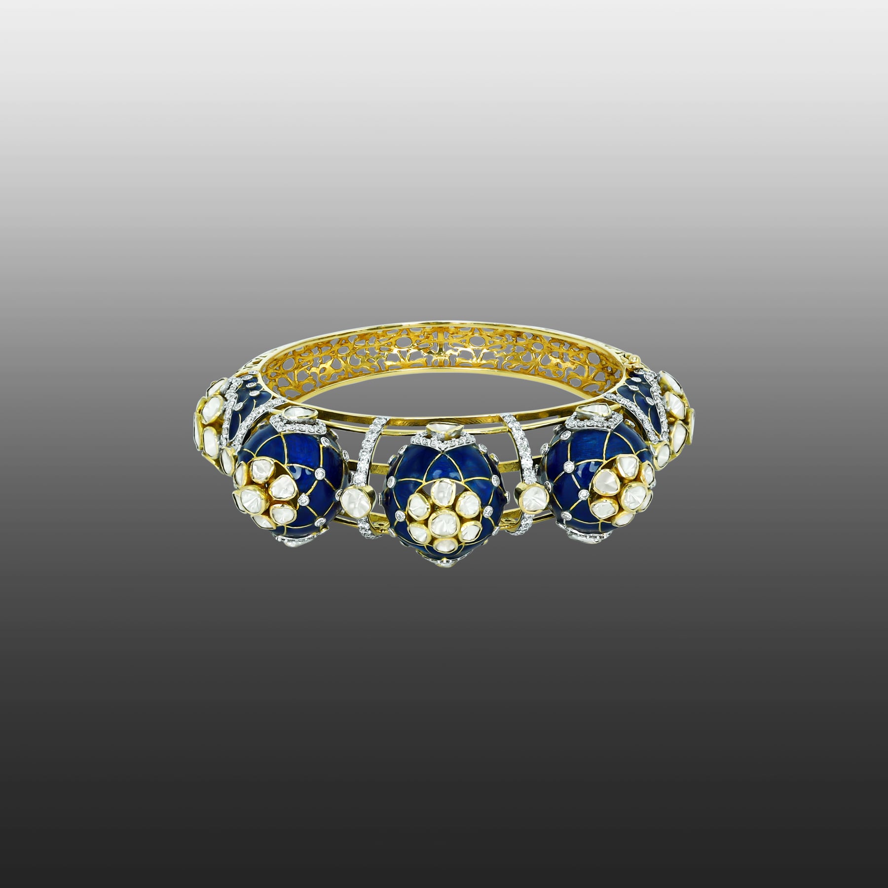 Dome Polki Bangle with Deep Blue Enamel and Lattice Sides